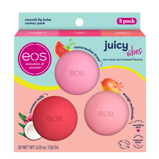 Picture of eos Juicy Vibes Lip Balm Variety Pack- Watermelon Frosé, Mango Melonade & Coconut Milk, All-Day Moisture Lip Care Products, 0.25 oz, 3-Pack