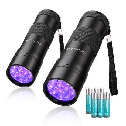 Picture of Consciot 2 Pack UV Flashlight Black Light, 12 LED 395nm Ultraviolet Blacklight, Portable Mini Torch Light Pet Urine Detector for Dog/Cat Urine, Dry Stains, Bed Bug, Matching with Pet Odor Eliminator