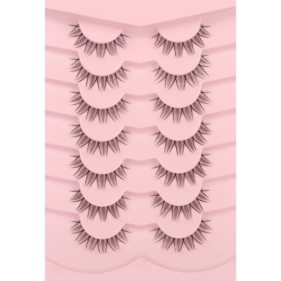 Picture of Pooplunch False Eyelashes Anime Lashes Wispy Short Natural Clusters Extension Look Fake Eyelash Invisible Band Spiky Manga Faux Mink Lashes 7 Pairs Pack