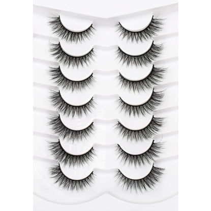 Picture of Pooplunch False Eyelashes Cat Eye Look Wispy Faux Mink Lashes Pack Fluffy Short Natural Volume 7 Pairs Fake Eyelashes Pack