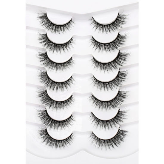 Picture of Pooplunch False Eyelashes Cat Eye Look Wispy Faux Mink Lashes Pack Fluffy Short Natural Volume 7 Pairs Fake Eyelashes Pack