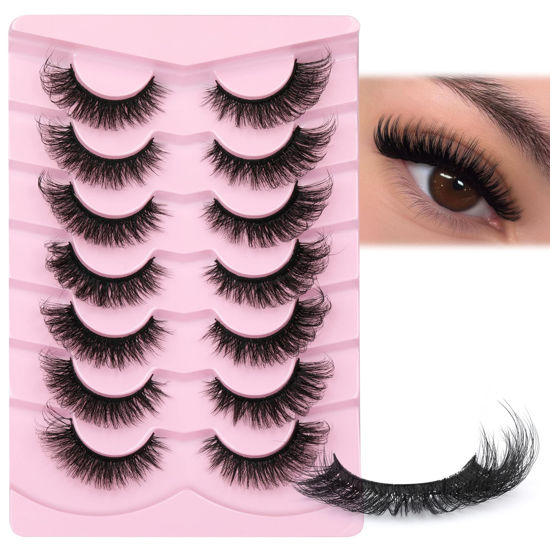 Picture of JIMIRE Faux Mink Lashes Fluffy Cat Eye Natural False Eyelashes Volume Wispy Fox Eye Crossed 17MM Thick Fake Lashes Look Like Eyelash Extensions Pestañas 7 Pairs Pack