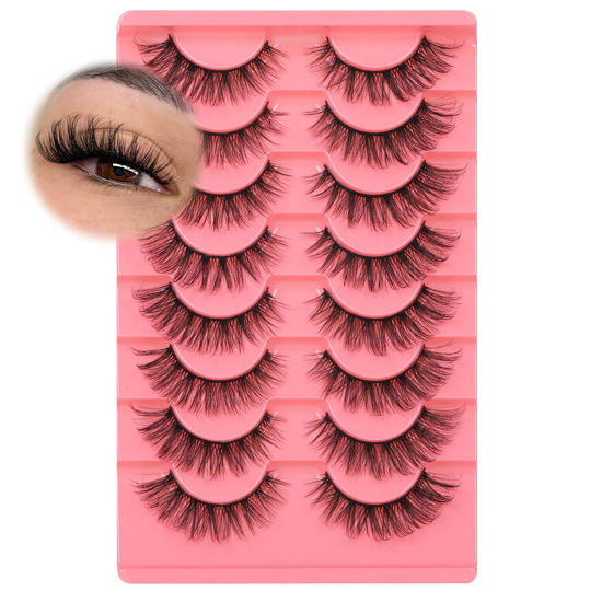 Picture of JIMIRE Natural Lashes Fluffy False Eyelashes Natural Look Wispy Faux Mink Lashes Short Cat Eye 15MM False Lashes 8 Pairs Pack