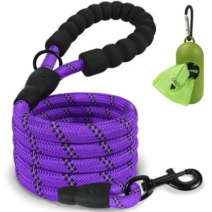 Picture of Joytale 6/5/4 FT Leashes for Large Medium Breed Dogs, Heavy Duty Nylon Braided Rope Dog Leash, Comfortable Padded Handle Strong Leashes with Poop Bags and Dispenser, Puple, 5'×1/2''