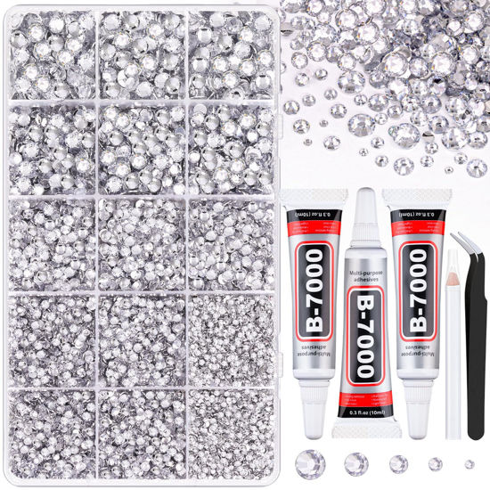 Picture of 16000Pcs Resin Rhinestones for Crafting, Clear Non Hotfix Flatback Gems, Bedazzling Crystal with 3Pcs 10ml B7000 Jewelry Glue for DIY Crafts Clothing Tumblers Shoes Fabric Nail Art