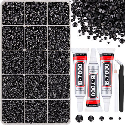 Picture of 16000Pcs Resin Jelly Rhinestones for Crafting, Black Non Hotfix Flatback Gems, Bedazzling Crystal with 3Pcs 10ml B7000 Jewelry Glue for DIY Crafts Clothing Tumblers Shoes Fabric Nail Art