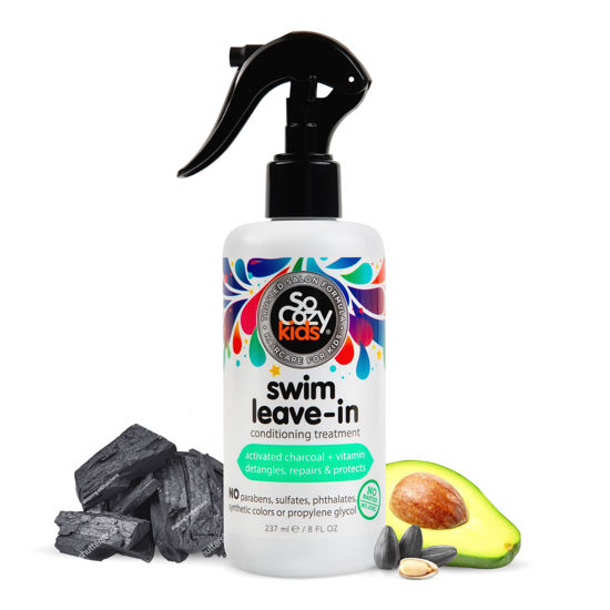 Picture of SoCozy Swim Leave In Conditioner Spray & Treatment for Kids Hair (8 Fl Oz) Protects & Repairs Pool, Sun & Salt Damaged Hair, Gentle Formula with Activated Charcoal, Vitamin B5 & Sunflower Seed Extract