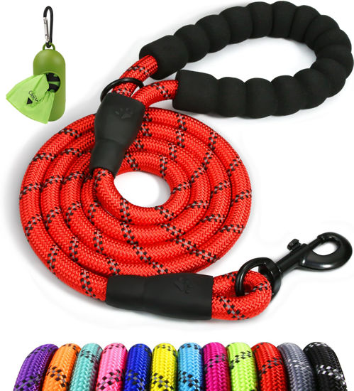 Picture of Taglory Rope Dog Leash 5 FT with Comfortable Padded Handle, Highly Reflective Threads Dog Leash for Small Dogs, 3/8 inch, Red