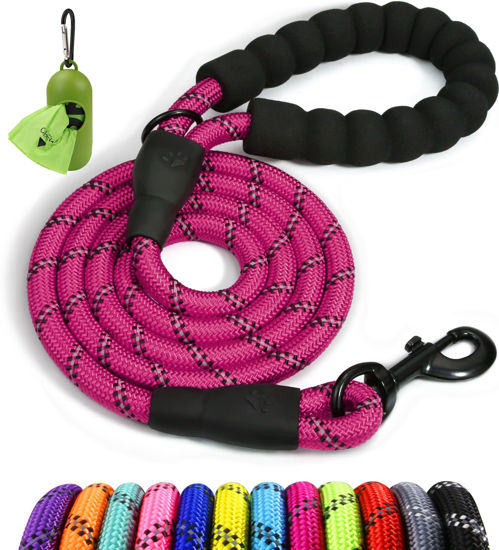 Picture of Taglory Rope Dog Leash 4 FT with Comfortable Padded Handle, Highly Reflective Threads Dog Leash for Small Dogs, 3/8 inch, Hotpink