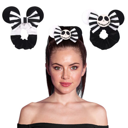 Picture of Styla Hair 2pk Mouse Ear Scrunchies for Kids Velvet Hair Bow Scrunchies for Women - Sparkle Sequins Mouse Hair Bands for Pony Tail Mickey Mouse Gifts for Women (Black White Stripe)