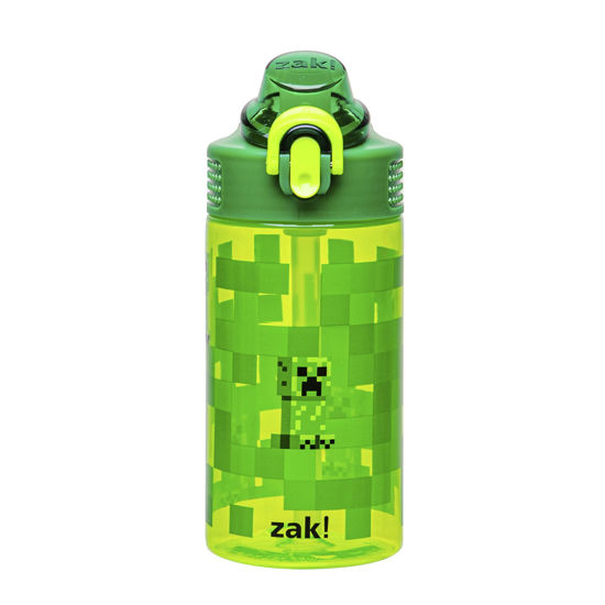 Picture of Zak Designs Sage Minecraft Kids Water Bottle For School or Travel, 16oz Durable Plastic Water Bottle With Straw, Handle, and Leak-Proof, Pop-Up Spout Cover (Creeper)