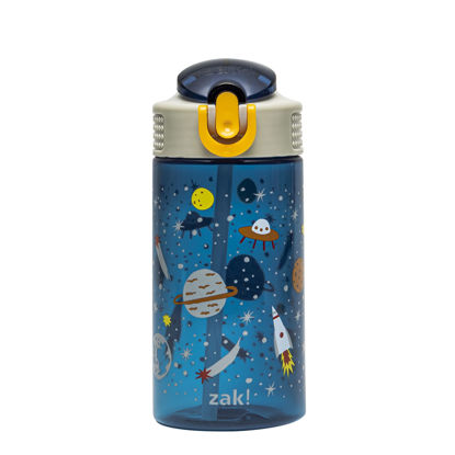 Picture of Zak Designs Kids Water Bottle For School or Travel, 16oz Durable Plastic Water Bottle With Straw, Handle, and Leak-Proof, Pop-Up Spout Cover (Space)