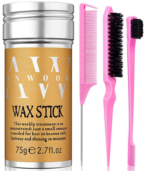 Picture of Slick Back Hair Brush & Wax Stick for Hair 4Pcs, Hair Wax Stick for Women Flyaways, Pink Edge Brush for Baby Hair Edge Control, Rat Tail Comb for Smooth, Bristle Brush for Teasing Fullness & Softness