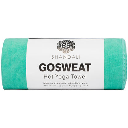 Picture of Shandali Hot Yoga GoSweat Microfiber Hand Towel in Super Absorbent Premium Teal Suede for Bikram, Pilates, Gym, and Outdoor Sports. 16 x 26.5 inches.