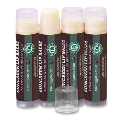 Picture of SPF Lip Balm 4-Pack by Earth's Daughter - Lip Sunscreen, SPF 15, Organic Ingredients, Eucalyptus Mint Flavor, Beeswax, Coconut Oil, Vitamin E - Hypoallergenic, Paraben Free, Gluten Free