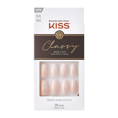 Picture of KISS Classy Press On Nails, Nail glue included, 'Cozy Meets Cute', Pink, Medium Size, Coffin Shape, Includes 28 Nails, 2g Glue, 1 Manicure Stick, 1 Mini File