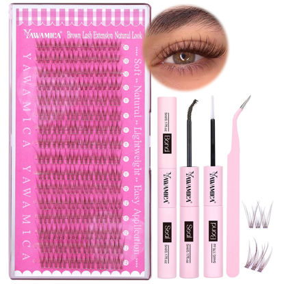 Picture of Yawamica Brown Lash Clusters Kit Natural DIY Lash Extension Kit 10-12mm Cluster Eyelash Extension Kit Wispy Brown Individual Lashes with Brown Lash Bond and Seal and Lash Tweezers for DIY Eyelash