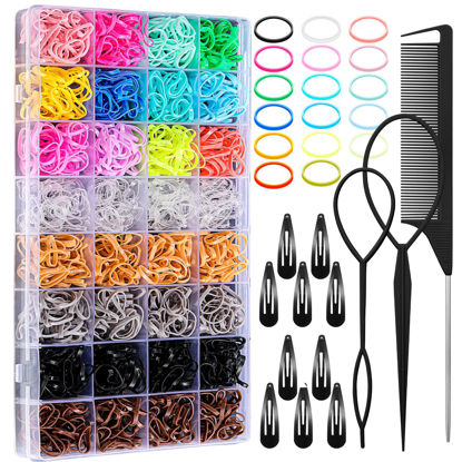 Picture of auroray Hair Ties, 17 Colors Elastic Hair Rubber Bands, 2000 Pcs Baby Hair Ties with Hair Styling Tools Organizer Box for Girls, Women, Toddler