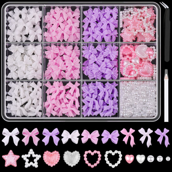 Picture of 600 Pcs 3D Nail Charms and Flatback Pearls Set 10, Pink&White&Lilac Nail Bows + Pink&White Star Heart Cute Nail Jewels + 2-4mm White Nail Pearls for Nail Art DIY Decoration with Pickup Tools