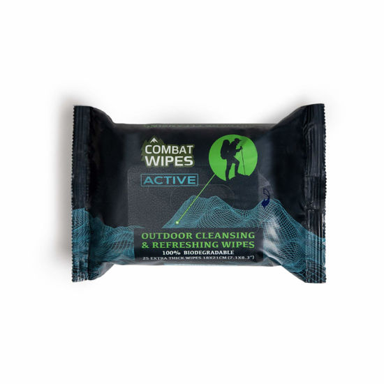 Picture of Combat Wipes ACTIVE Outdoor Wet Wipes - Extra Thick Camping Gear, Biodegradable, Body & Hand Cleansing/Refreshing Cloths for Backpacking & Gym w/Natural Aloe & Vitamin E (25 Wipes)