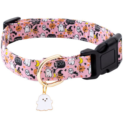 Picture of Faygarsle Halloween Fall Dog Collar for Small Medium Large Dogs Fashionable Cute Collar for Male Female Dogs Pink Cotton Dog Collar Spectre Pumpkin Pattern S