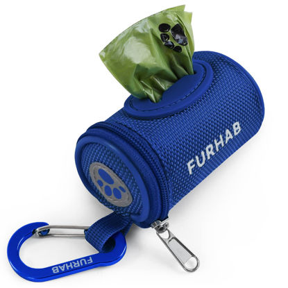 Picture of FURHAB Dog Poop Bag Holder for Leash Doggie Waste Bag Dispenser Soft Fabric Puppy Potty Carrier Small Doggy Zipper Pouch with Carabiner Clip 1680D Nylon Oxford with 1 Roll of Pet Trash Bag, Royal Blue