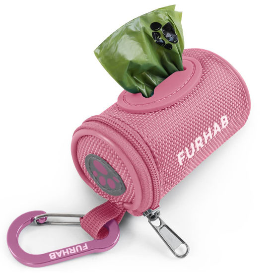 Picture of FURHAB Dog Poop Bag Holder for Leash Doggie Waste Bag Dispenser Soft Fabric Puppy Potty Carrier Small Doggy Zipper Pouch with Carabiner Clip 1680D Nylon Oxford with 1 Roll of Pet Trash Bags, Pink