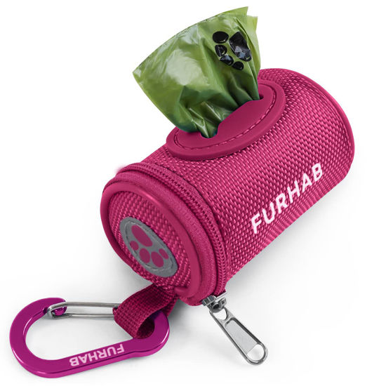 Picture of FURHAB Dog Poop Bag Holder for Leash Doggie Waste Bag Dispenser Soft Fabric Puppy Potty Carrier Small Doggy Zipper Pouch with Carabiner Clip 1680D Nylon Oxford with 1 Roll of Pet Trash Bags, Rose Red