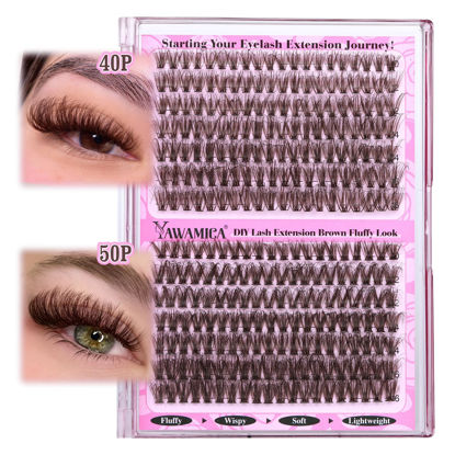 Picture of Yawamica Fluffy Brown Lash Clusters 40D+50D Volume Individual Lashes Wispy Brown Eyelash Clusters D Curl Natural Lash Extension 10-16mm Cluster Eyelash Extensions 280pcs for DIY Lash at Home