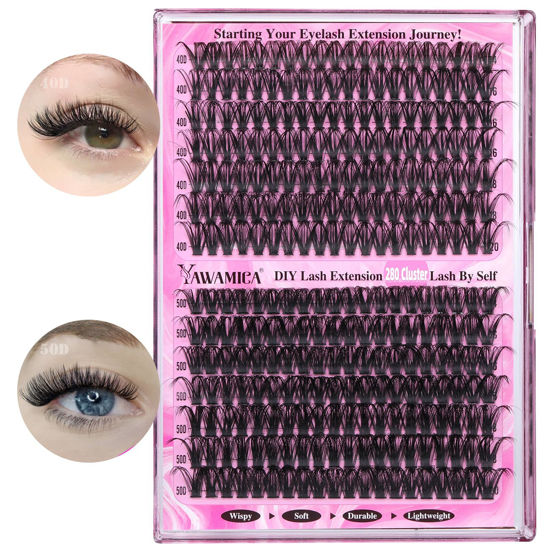 Picture of Yawamica Eyelash Clusters 40+50D Wispy Lash Clusters 14-20mm Lash Extension D Curl Individual Lashes Cluster Eyelash Extensions 280pcs DIY Lash for Beginners