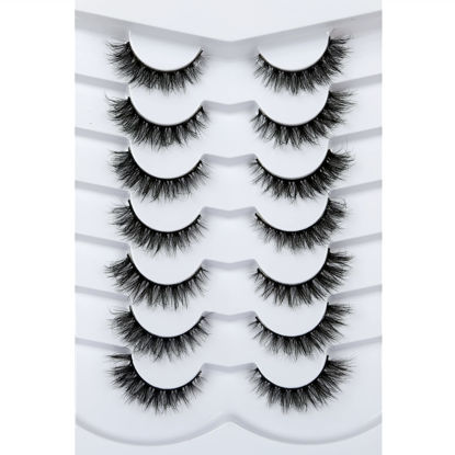 Picture of Pooplunch False Eyelashes Cat Eye Look Wispy Lashes Short Natural Fluffy Wispies 8D Fake Eyelash Faux Mink Lashes 7 Pairs Multipack