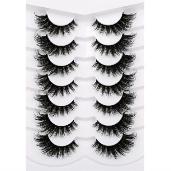 Picture of Pooplunch False Eyelashes Cat Eye Lashes Winged Look Fluffy Wispy Fake Eyelashes 8D Natural Crossed Faux Mink Lashes 7 Pairs Pack