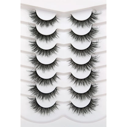 Picture of Pooplunch False Eyelashes Cat Eye Wispy Fluffy 8D Natural Curled Fake Eyelashes Faux Mink Lashes Strips 7 Pairs Multipack