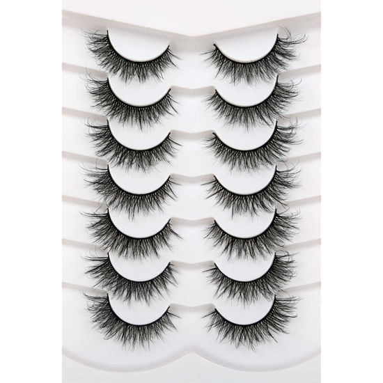 Picture of Pooplunch False Eyelashes Cat Eye Wispy Fluffy 8D Natural Curled Fake Eyelashes Faux Mink Lashes Strips 7 Pairs Multipack