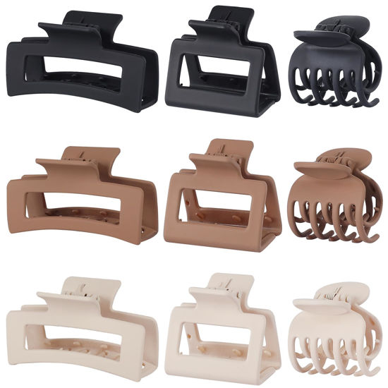 Picture of CHANDAT Medium Claw Hair Clips Set for Women - 3 Styles, 9 pcs Rectangle Clips for Thick Hair, Square Clips for Thin Hair - Brown