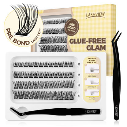 Picture of LASHVIEW Self Adhesive Lash Clusters Eyelashes,Press-on Lashes 10-16mm Individual Lash Extension Kit with Lash Tweezers,No Glue Needed Natural Self Adhesive DIY Eyelash Extension Kit (AC58 48PC)