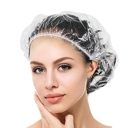 Picture of Auban 100PCS Disposable Shower Caps, Hair Cap Large Plastic Clear Thick Waterproof Bath Caps For Women, Hotel Travel Essentials Accessories Deep Conditioning Hair Care Cleaning Supplies(17.3")