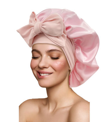 Picture of Satin Bonnet Silk Bonnet Hair Bonnet for Sleeping Large Bonnets with Tie Band Hair Wrap with Adjustable Straps Hair Cap Night Sleep Caps for Women Curly Braid Hair Pink