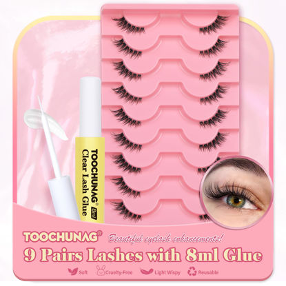 Picture of Half Lashes Wispy False Eyelashes with 8ml Clear Lash Glue 12mm Natural Cat Eye Lashes with Clear Band 9 Pairs D Curl Fluffy Fake Eyelashes by TOOCHUNAG