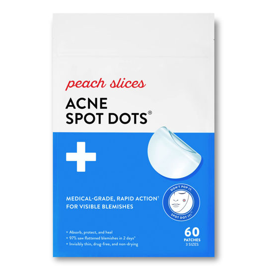 Picture of Peach Slices | Acne Spot Dots | Hydrocolloid Acne Patches | For Zits, Blemishes, & Breakouts | Vegan | Cruelty-Free | Pimple Patches | Facial Skin Care Products | 3 Sizes (7mm, 10mm, & 12mm) | 60 Ct