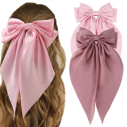 Picture of ATODEN Silky Satin Oversized Long Tail Big Bowknot Hair Accessories: 2Pcs Pink Purple Barrettes with Metal Clips for Women and Girls Gifts