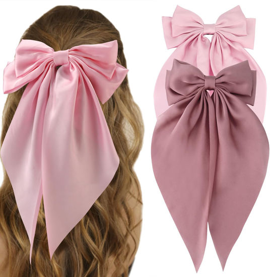 Picture of ATODEN Silky Satin Oversized Long Tail Big Bowknot Hair Accessories: 2Pcs Pink Purple Barrettes with Metal Clips for Women and Girls Gifts