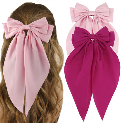 Picture of ATODEN Silky Satin Pink Hair Bows 2Pcs Big Hair Bows for Women Hair Ribbons Oversized Long Tail Bow Hair Clips Large Hair Ribbon Barrettes Metal Clips Bowknot Aesthetic Girls Hair Accessories