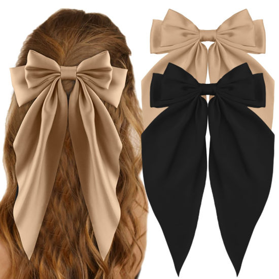 Picture of ATODEN Oversized Satin Hair Accessories - Long Tail Bowknot Barrettes for Women, Metal Clips in Khaki and Black (2Pcs)