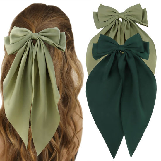 Picture of ATODEN Silky Satin Green Oversized Bowknot Bow Hair Accessories: 2 Pcs Large Hair Barrettes With Long Tails, Metal Clips for Aesthetic Girls