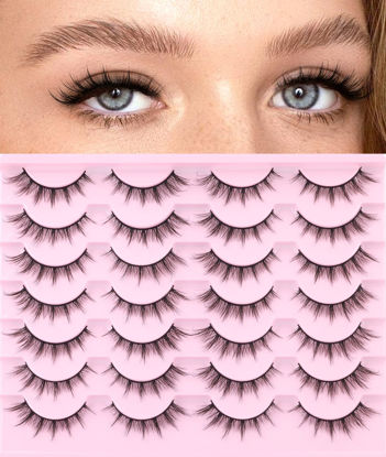 Picture of False Lashes Natural Look Wispy Eyelashes Manga Korean Spiky 16mm Short Faux Mink Eyelashes Fluffy Cat Eye Natural Fake Eyelashes Strip Lashes Pack 14 Pairs