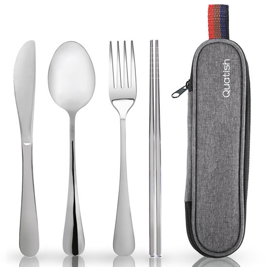 Picture of Travel Utensils with Case, Quatish Portable Silverware Set for Work, Stainless Steel Reusable Travel Cutlery Set, Fork and Spoon Set for Camping, EDC Gadgets, Lunch Box for Men, Silver