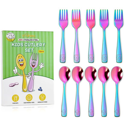 Picture of VITEVER 10 Pack Toddler Utensils, Stainless Steel Rainbow Silverware Set for Kids, Children Safe Cutlery Set Includes Forks and Spoons - Dishwasher Safe