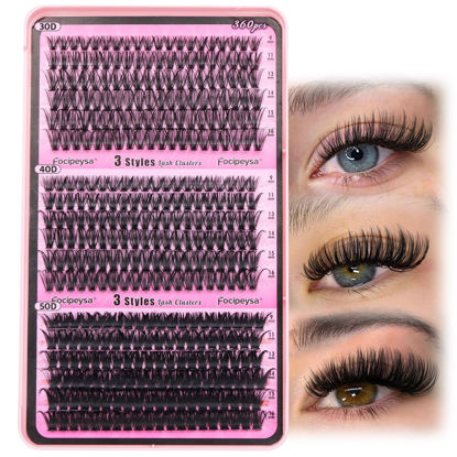 Picture of Focipeysa Fluffy 360pcs Lash Clusters 30P+40P+50P DIY Lash Extension Volume Thick Clusters Lashes D Curl Eyelash Extension 9-16mm Individual Lash for Self Application at Home