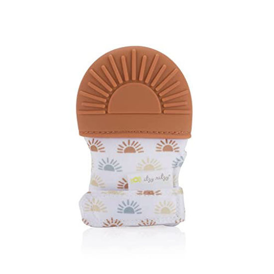 Picture of Itzy Ritzy Silicone Teething Mitt - Soothing Infant Teething Mitten with Adjustable Strap, Crinkle Sound and Textured Silicone to Soothe Sore and Swollen Gums, Terracotta Sun (MITT8491)